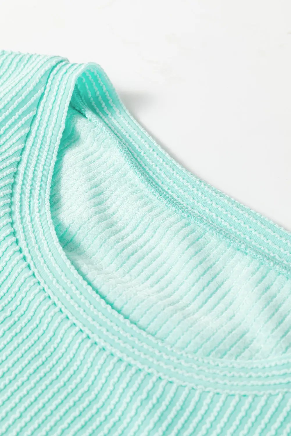 Light Blue Twisted Rib Contrast Pocket Knit Crew Neck Plus Size T Shirt Love Salve